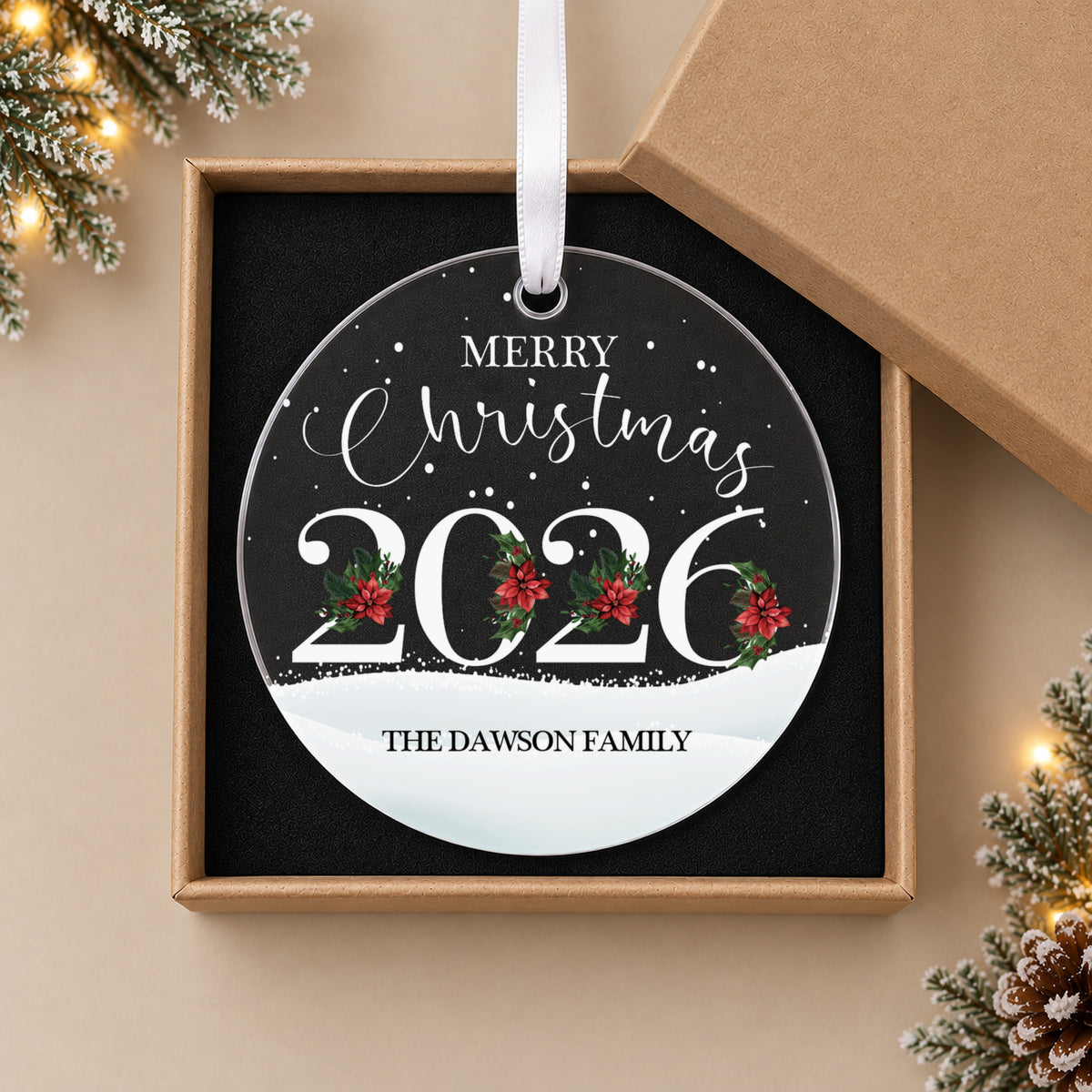 Personalised Merry Christmas Bauble 2026 – Family Name – in the optional gift box