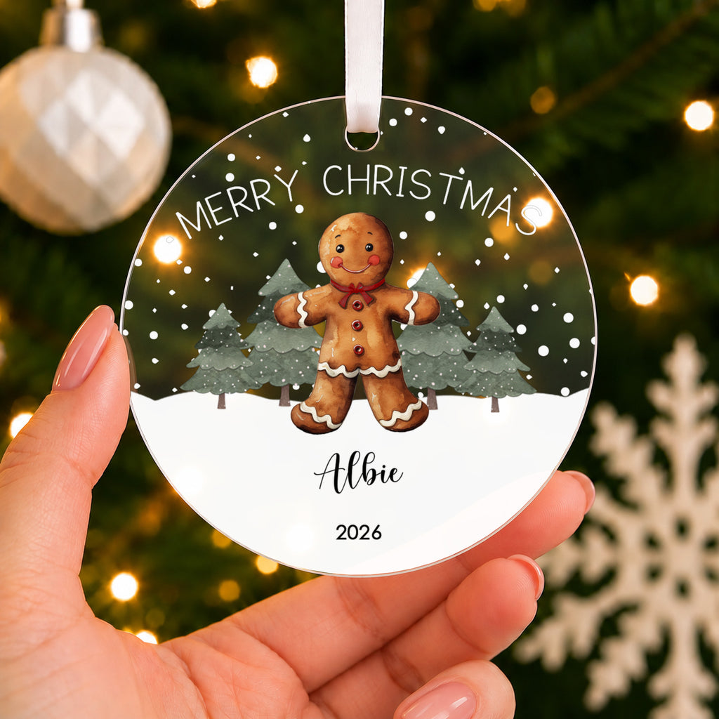 Personalised Gingerbread Christmas Bauble – Boy or Girl with Name – shown held in the hand