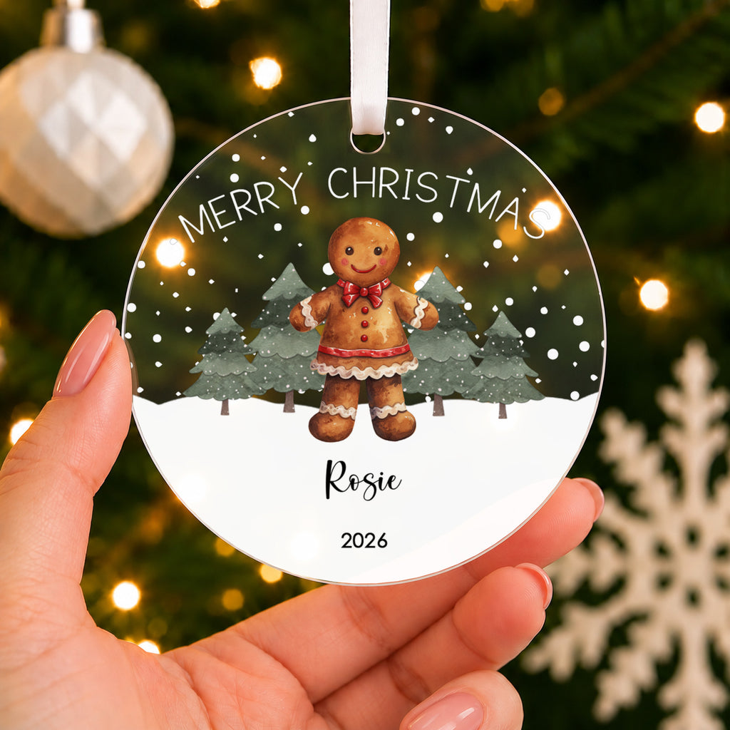 Personalised Gingerbread Christmas Bauble – Boy or Girl with Name – shown held in the hand