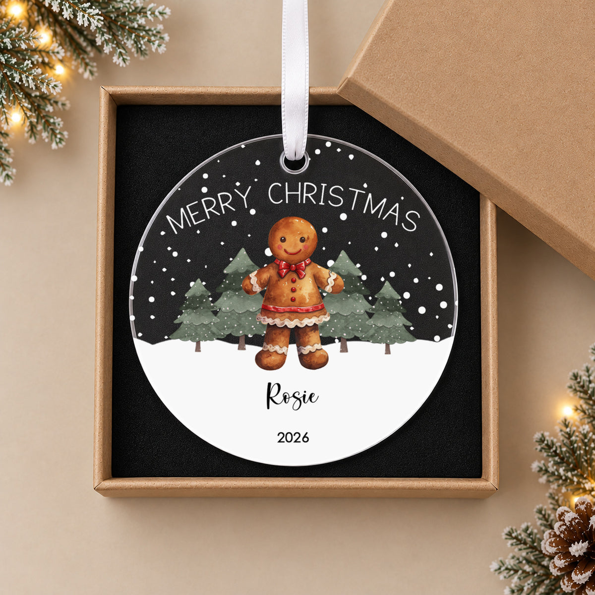 Personalised Gingerbread Christmas Bauble – Boy or Girl with Name – in the optional gift box