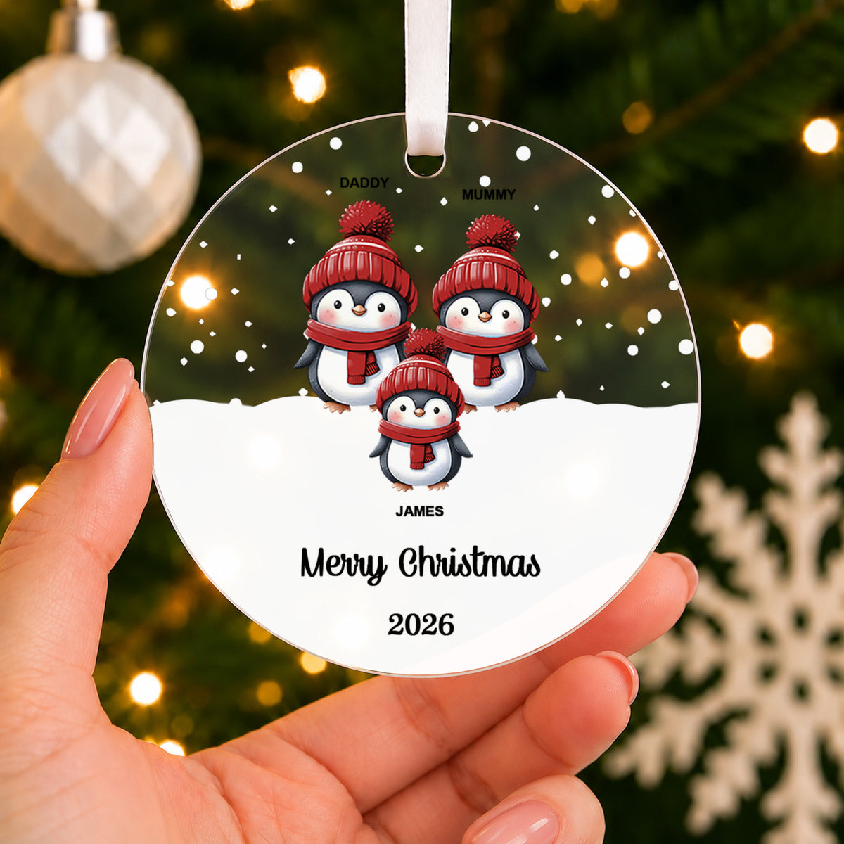 Personalised Penguin Family Christmas Bauble – Family Name – shown held in the hand