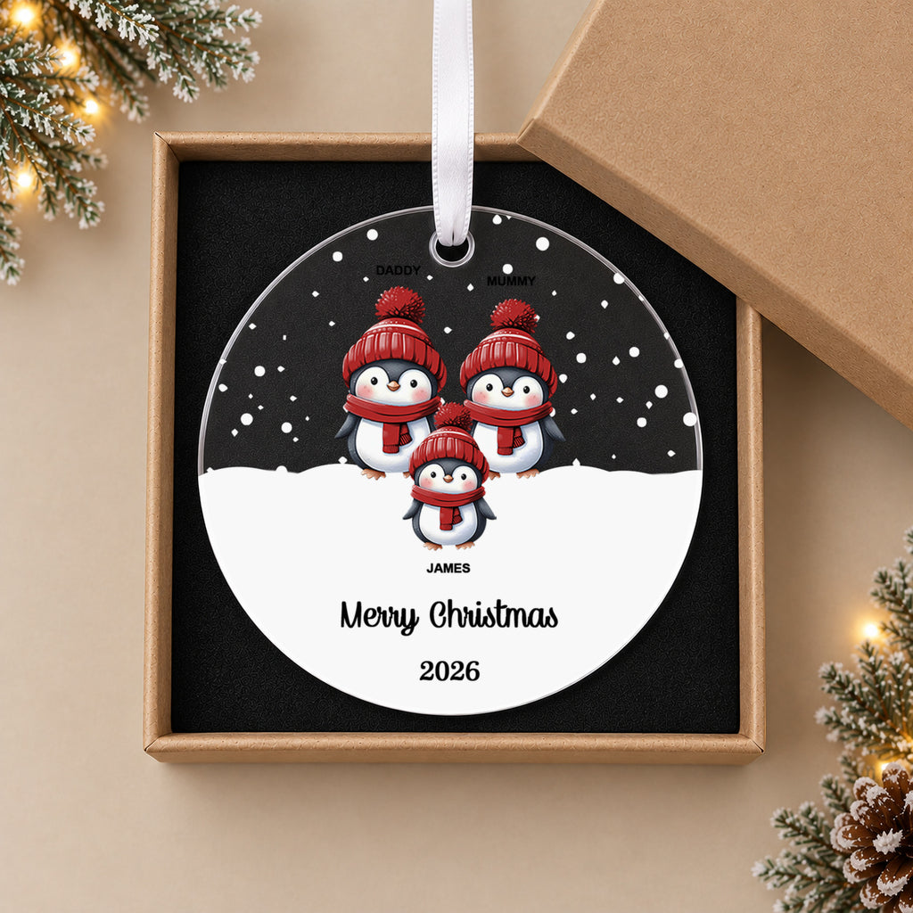 Personalised Penguin Family Christmas Bauble – Family Name – in the optional gift box