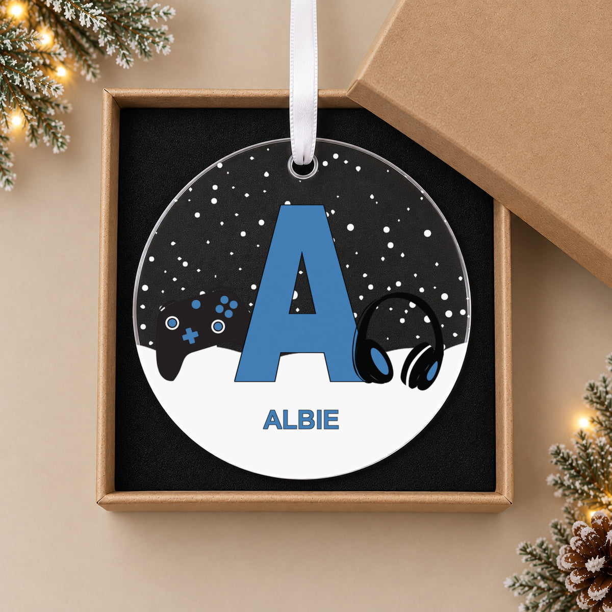 Personalised Gaming Initial Christmas Bauble – Pink, Blue, Red or Black – in the optional gift box