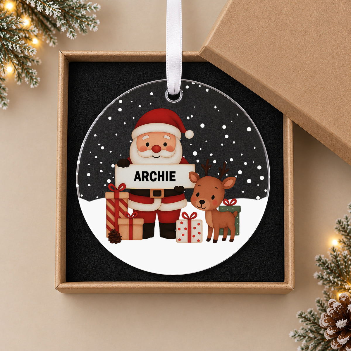 Personalised Santa & Reindeer Christmas Bauble – Child's Name – in the optional gift box