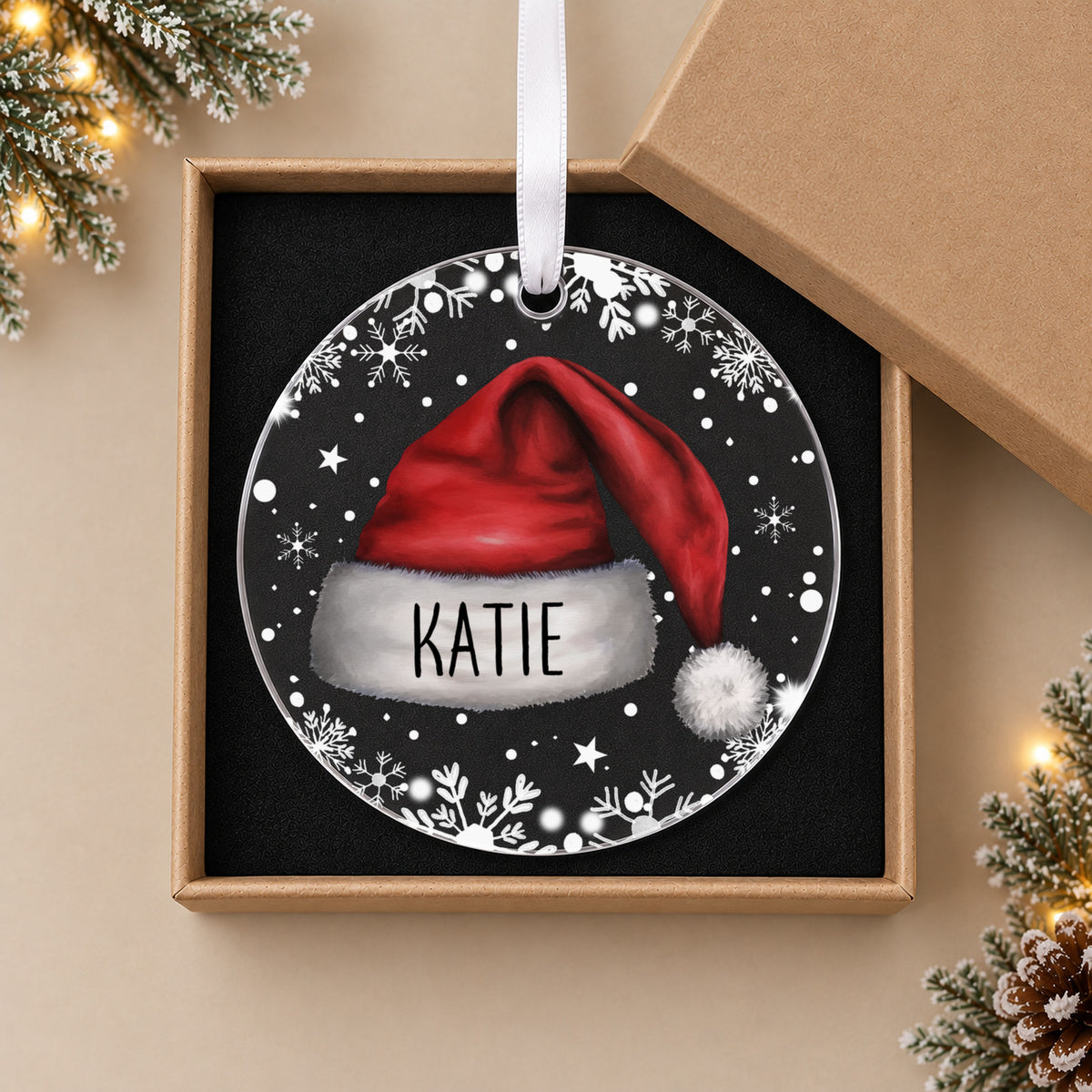 Personalised Santa Hat Christmas Bauble – Child's Name – in the optional gift box