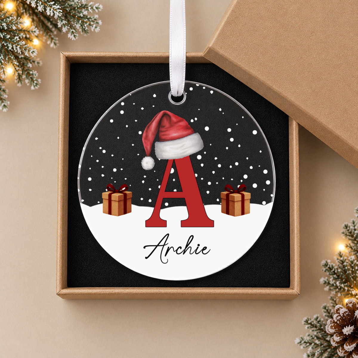 Personalised Initial & Name Christmas Bauble – Red Letter with Santa Hat – in the optional gift box