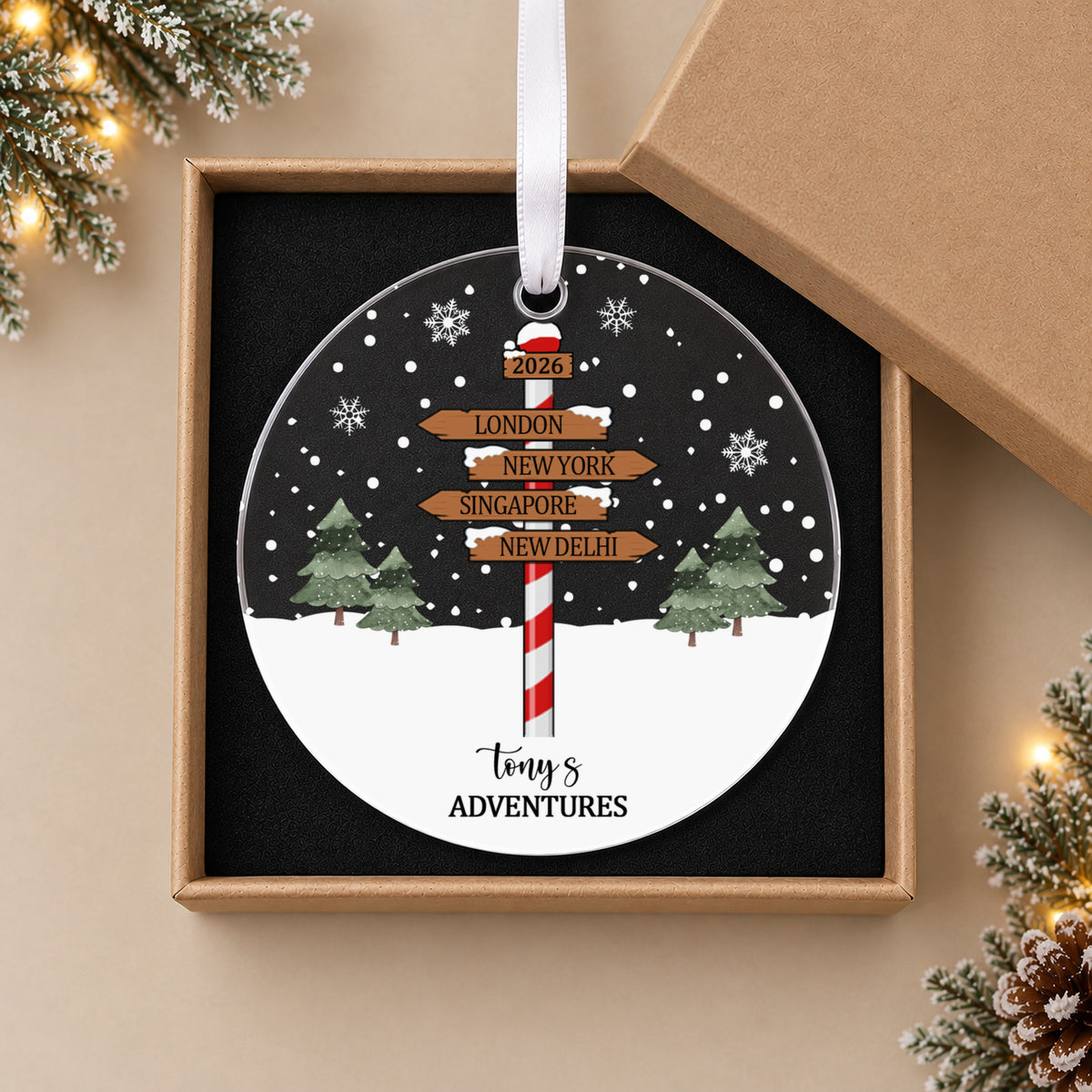 Personalised Adventures Christmas Bauble – Signpost with Your Destinations – in the optional gift box