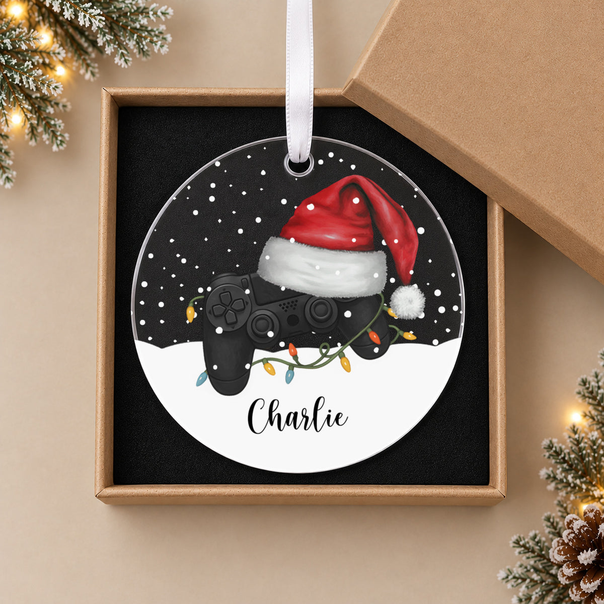 Personalised Gamer Christmas Bauble – Controller & Santa Hat with Name – in the optional gift box