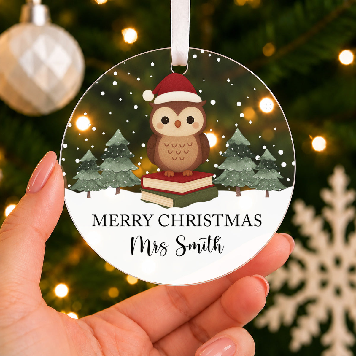 Personalised Teacher Christmas Bauble – Owl Design Thank You Gift – shown held in the hand