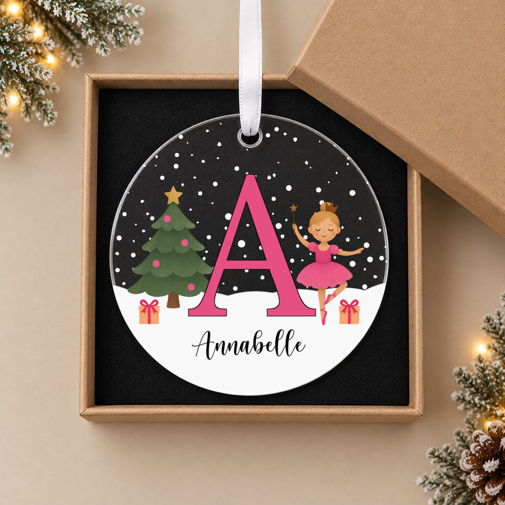 Personalised Sugar Plum Fairy Christmas Bauble – Girl's Initial & Name – in the optional gift box