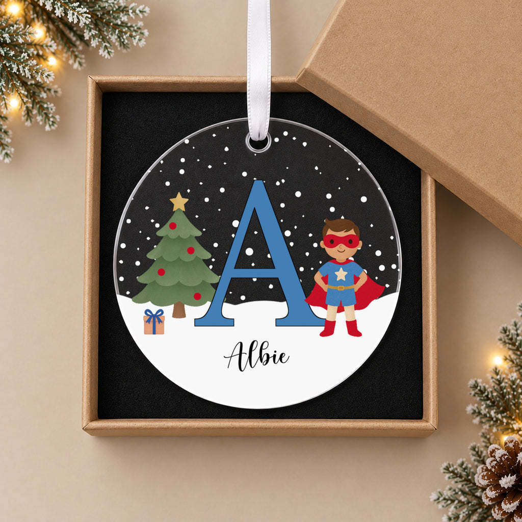 Personalised Superhero Christmas Bauble – Boy's Initial & Name – in the optional gift box