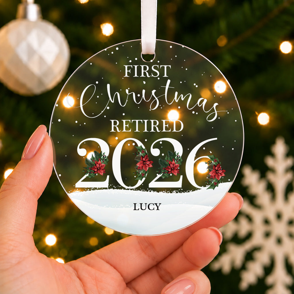 Personalised First Christmas Retired Bauble 2026 – Retirement Gift – shown held in the hand