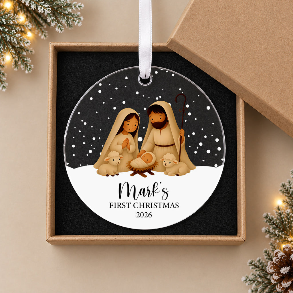 Personalised Baby's First Christmas Bauble – Nativity Design – in the optional gift box