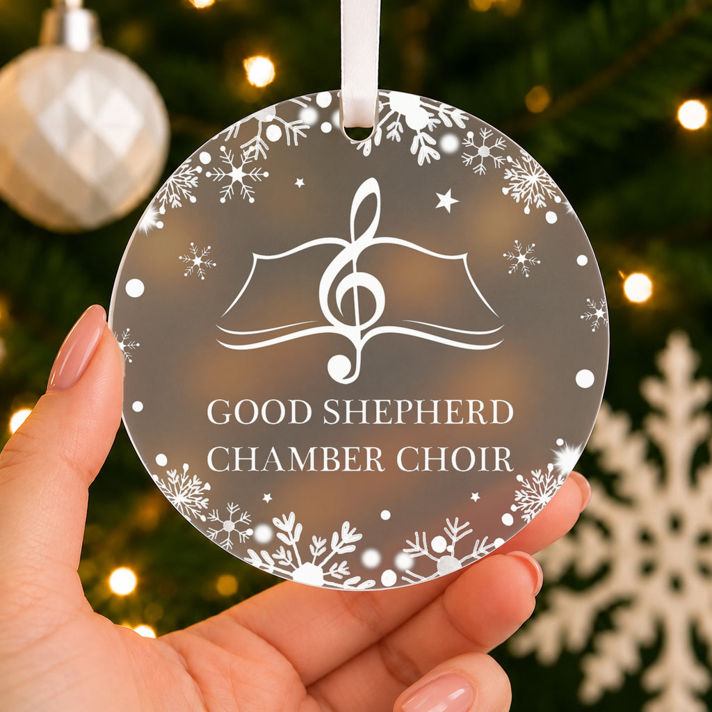 Personalised Choir or Orchestra Christmas Bauble – Music Group Gift – shown held in the hand
