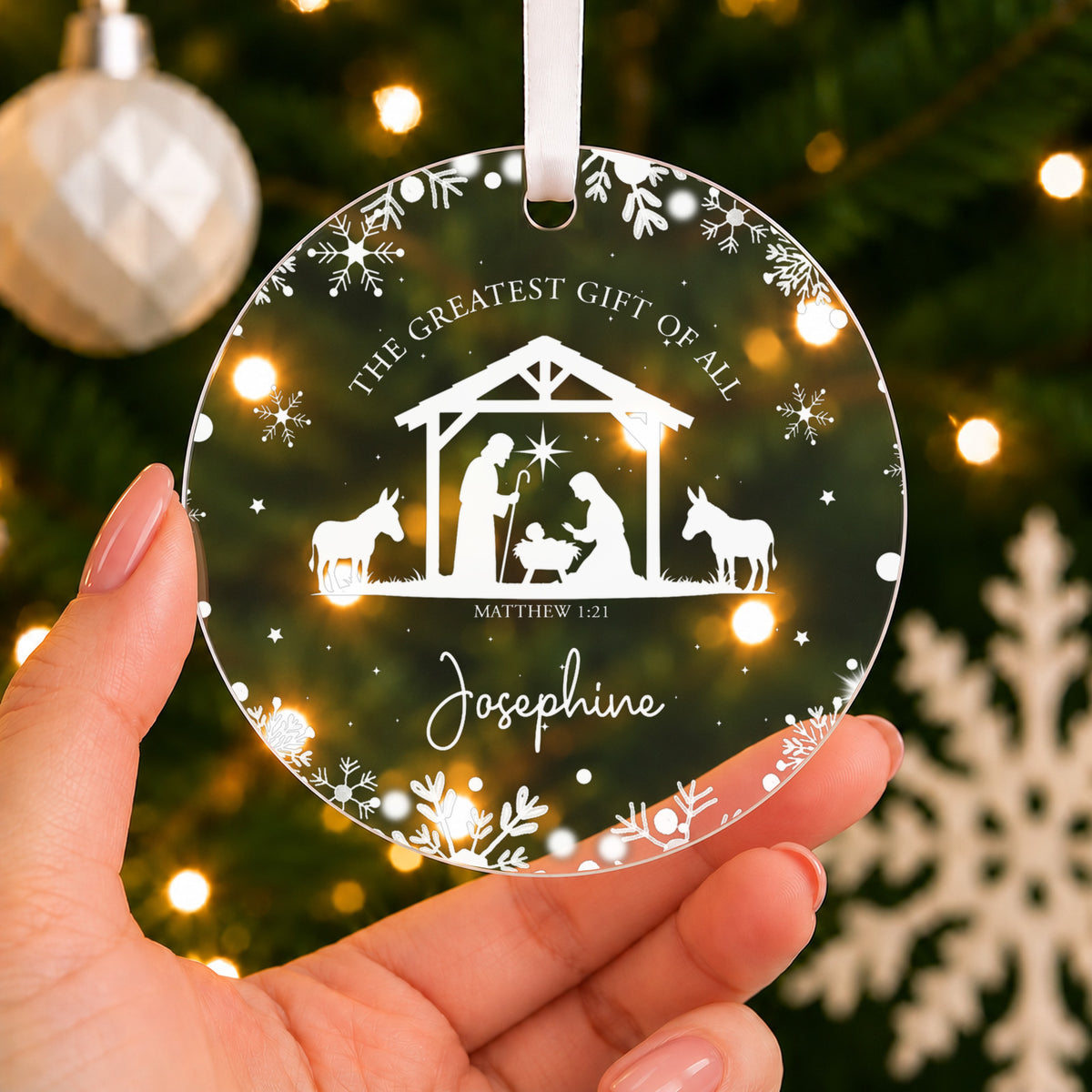 Personalised Bethlehem Nativity Christmas Bauble – Stable Scene with Name – shown held in the hand