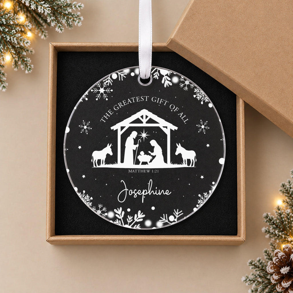 Personalised Bethlehem Nativity Christmas Bauble – Stable Scene with Name – in the optional gift box