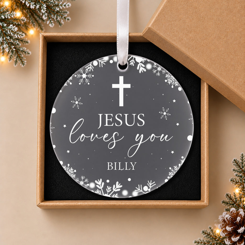 Personalised Jesus Loves You Christmas Bauble – Cross Design with Name – in the optional gift box