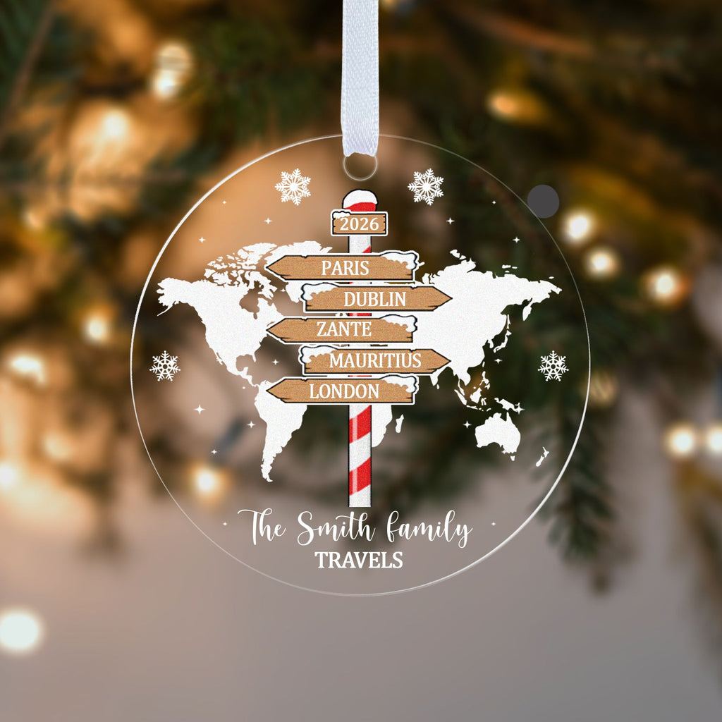 Personalised Family Travels Christmas Bauble – World Map & Your Destinations
