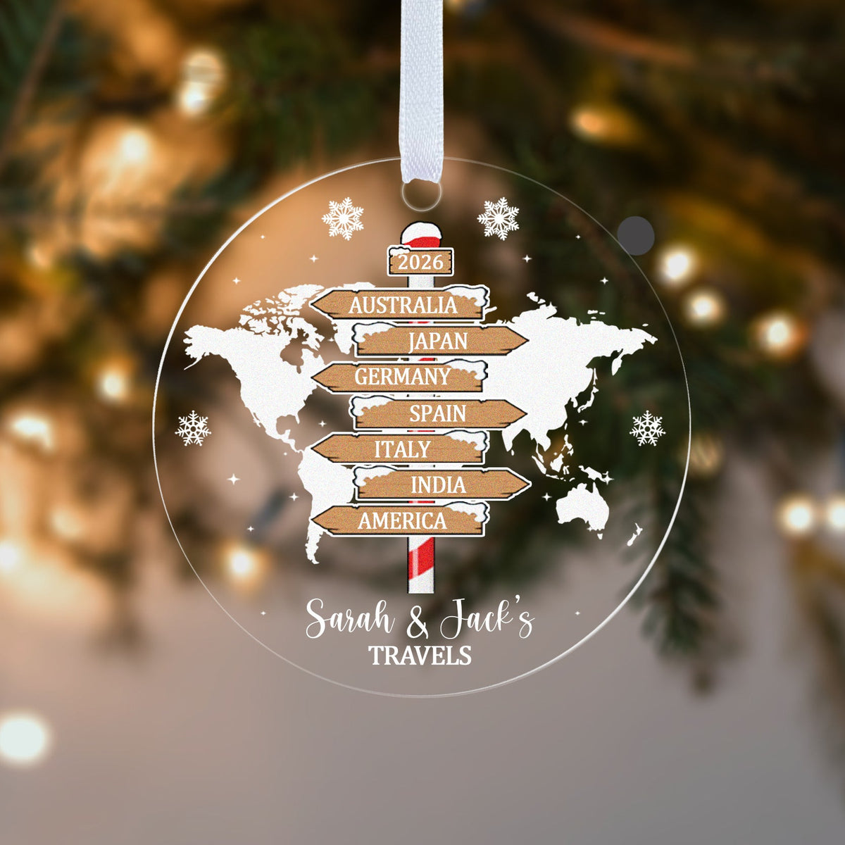 Personalised Family Travels Christmas Bauble – World Map & Your Destinations