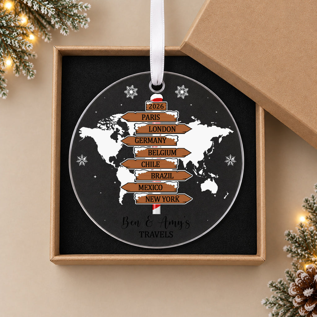 Personalised Family Travels Christmas Bauble – World Map & Your Destinations