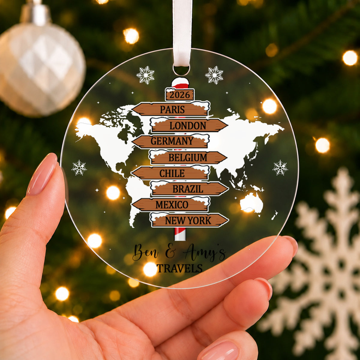 Personalised Family Travels Christmas Bauble – World Map & Your Destinations