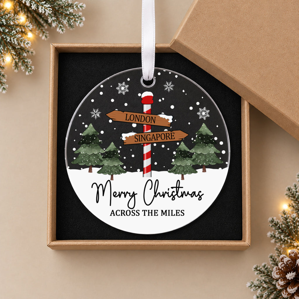Personalised Across the Miles Christmas Bauble – Signpost Design – in the optional gift box