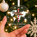 Personalised Across the Miles Christmas Bauble – World Map & Signpost – shown held in the hand