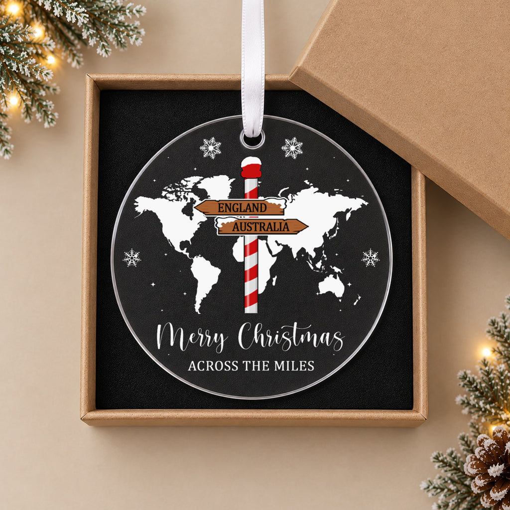 Personalised Across the Miles Christmas Bauble – World Map & Signpost – in the optional gift box