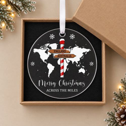 Personalised Across the Miles Christmas Bauble – World Map & Signpost – in the optional gift box