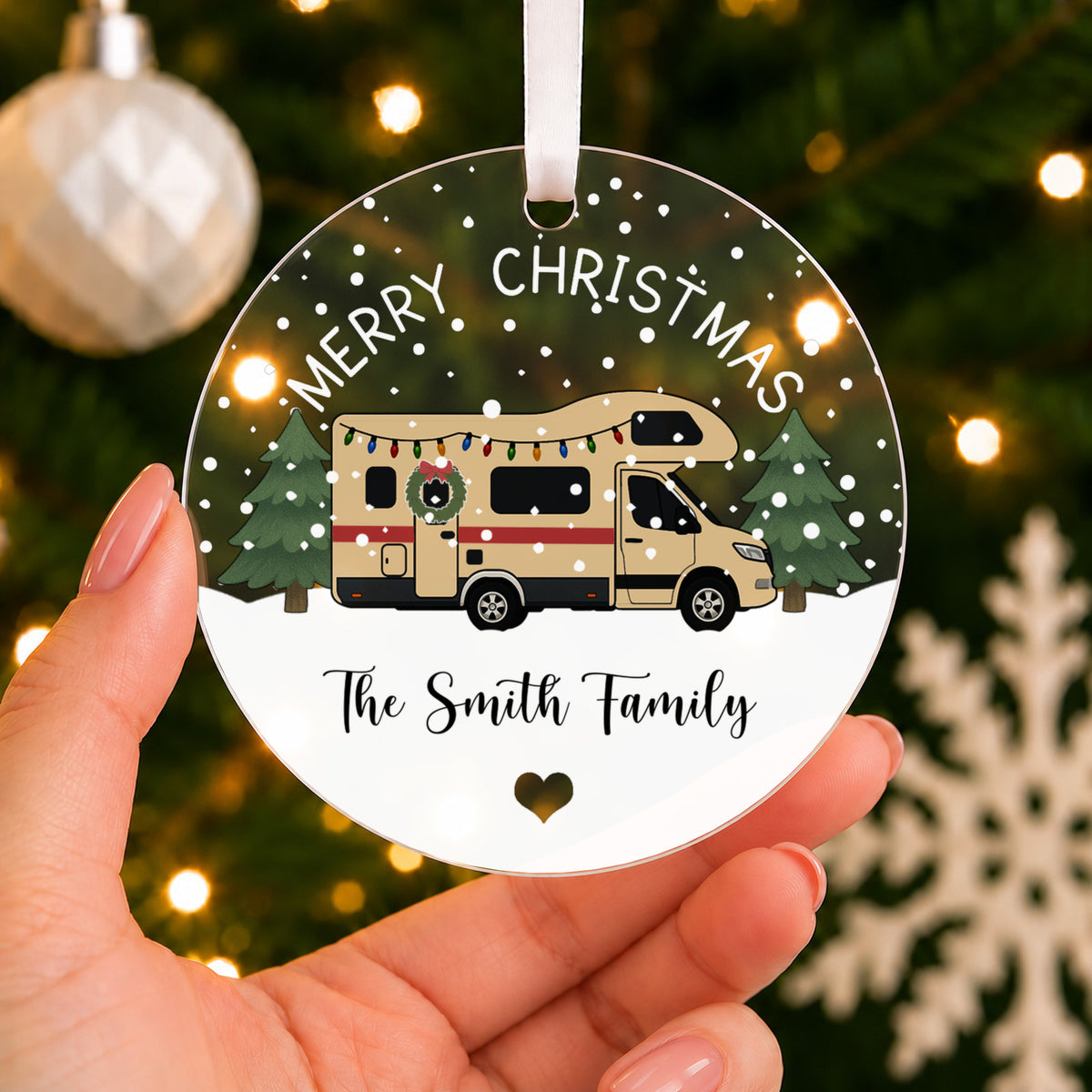 Personalised Camper Van Christmas Bauble – Family Name Design – shown held in the hand