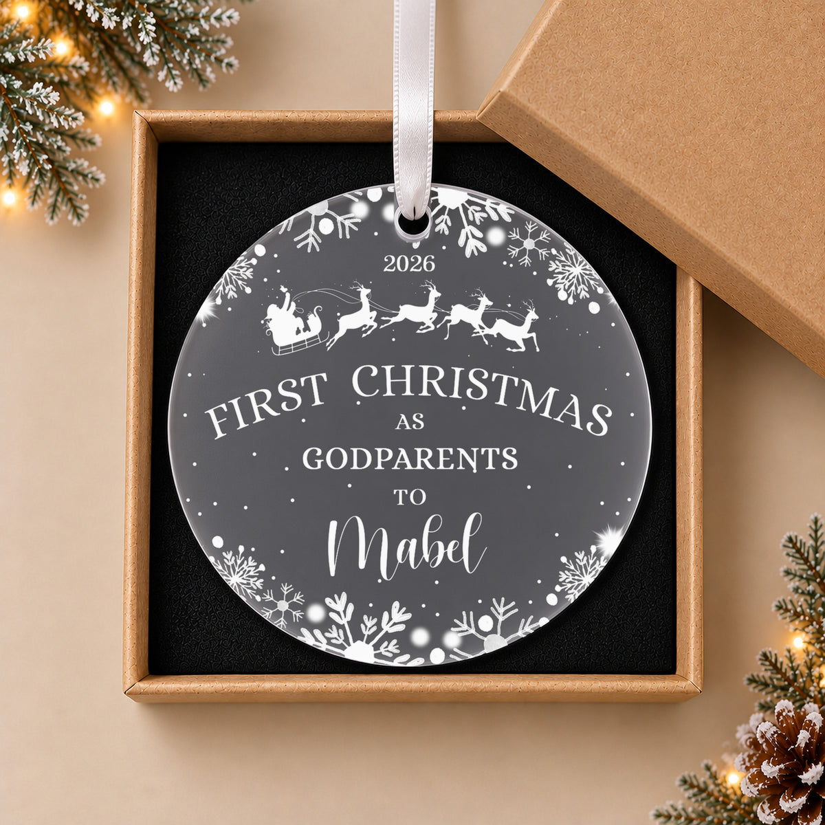 Personalised First Christmas as Godparents Bauble – in the optional gift box