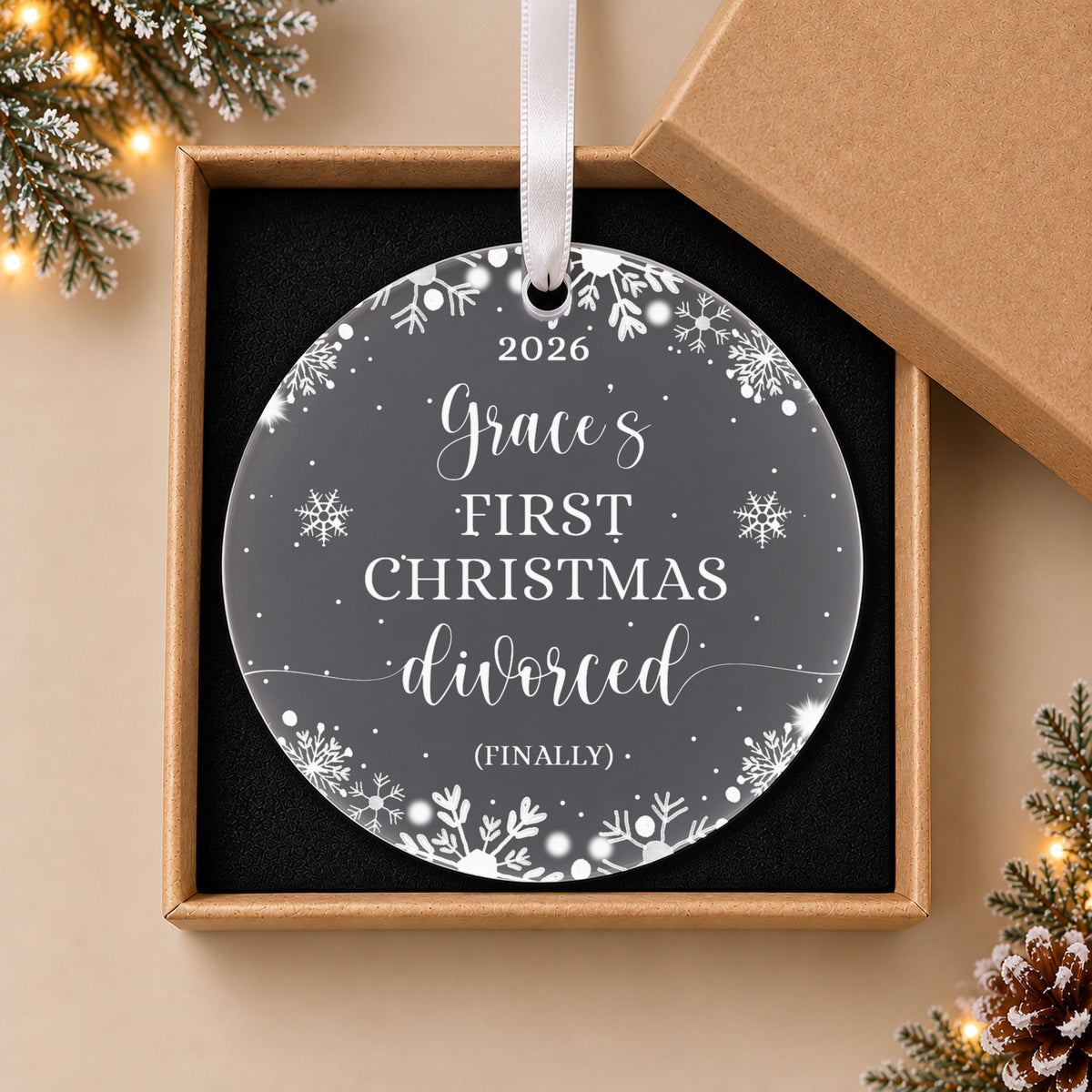 Personalised First Christmas Divorced Bauble – Fun Gift with Name – in the optional gift box