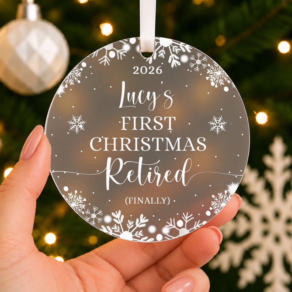 Personalised First Christmas Retired Bauble – Retirement Gift with Name – shown held in the hand