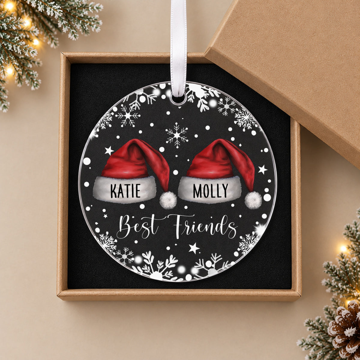 Personalised Best Friends Christmas Bauble – Santa Hats with Both Names – in the optional gift box