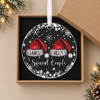 Personalised Special Couple Christmas Bauble – Santa Hats with Both Names – in the optional gift box
