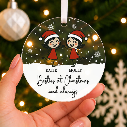 Personalised Besties Christmas Bauble – Two Friends Design with Both Names – shown held in the hand