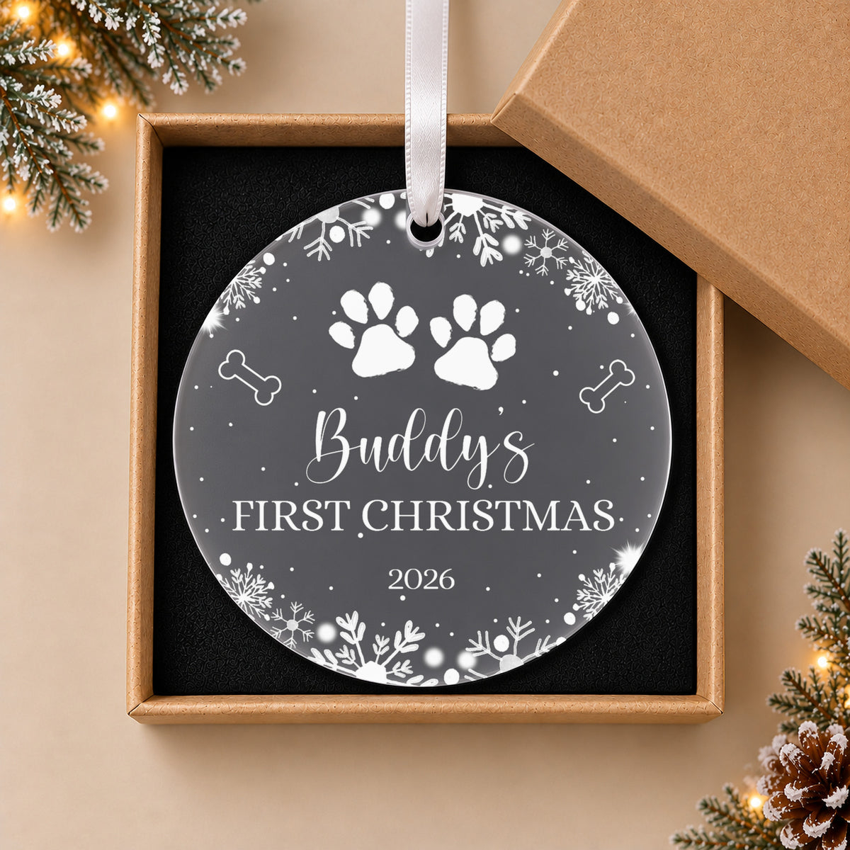 Personalised Dog's First Christmas Bauble – Paw Print Design – in the optional gift box