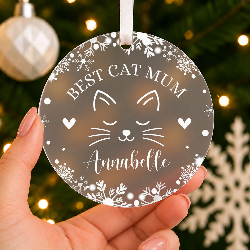 Personalised Best Cat Mum or Cat Dad Christmas Bauble – shown held in the hand