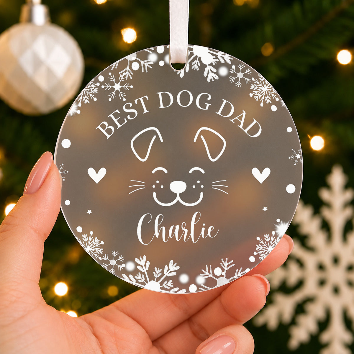 Personalised Best Dog Mum or Dog Dad Christmas Bauble – shown held in the hand