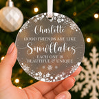 Personalised Friendship Christmas Bauble – Good Friends Are Like Snowflakes – shown held in the hand