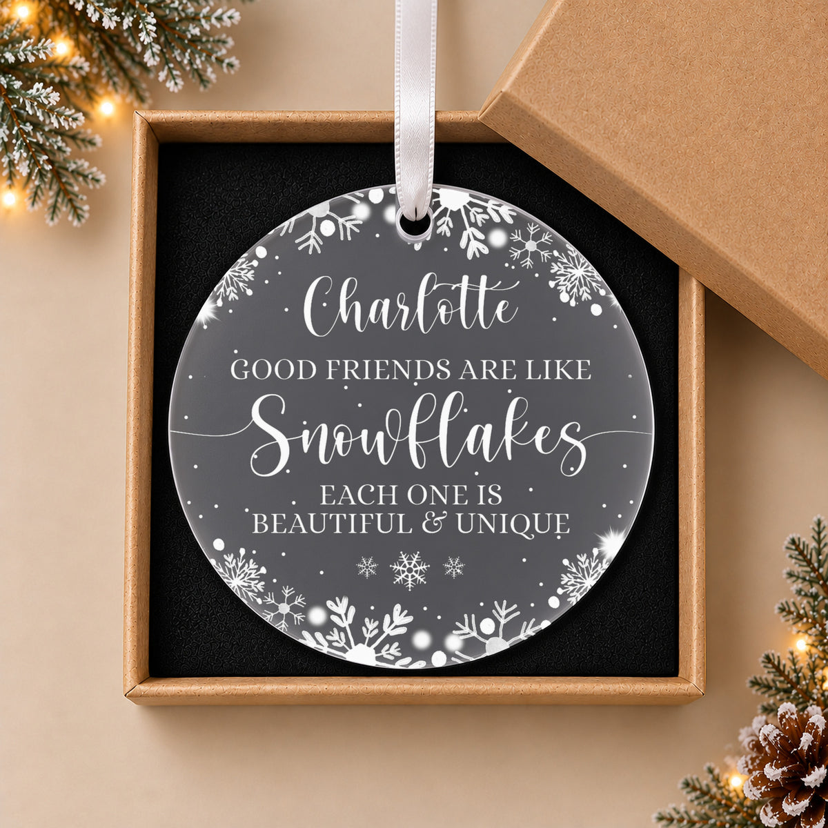 Personalised Friendship Christmas Bauble – Good Friends Are Like Snowflakes – in the optional gift box
