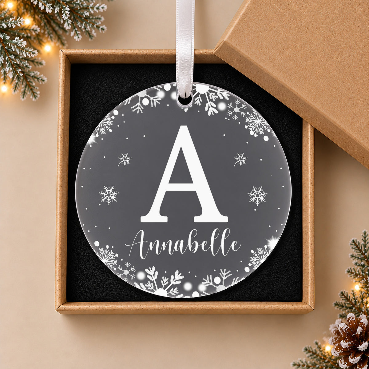Personalised Initial & Name Christmas Bauble – White Snowflake Design – in the optional gift box