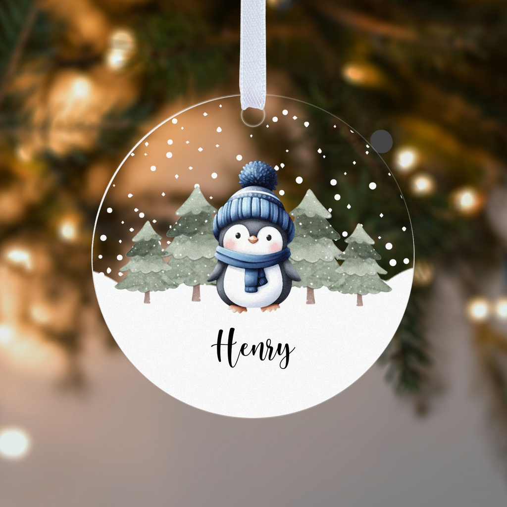 Personalised Penguin Christmas Bauble – Pink, Blue or Red with Name