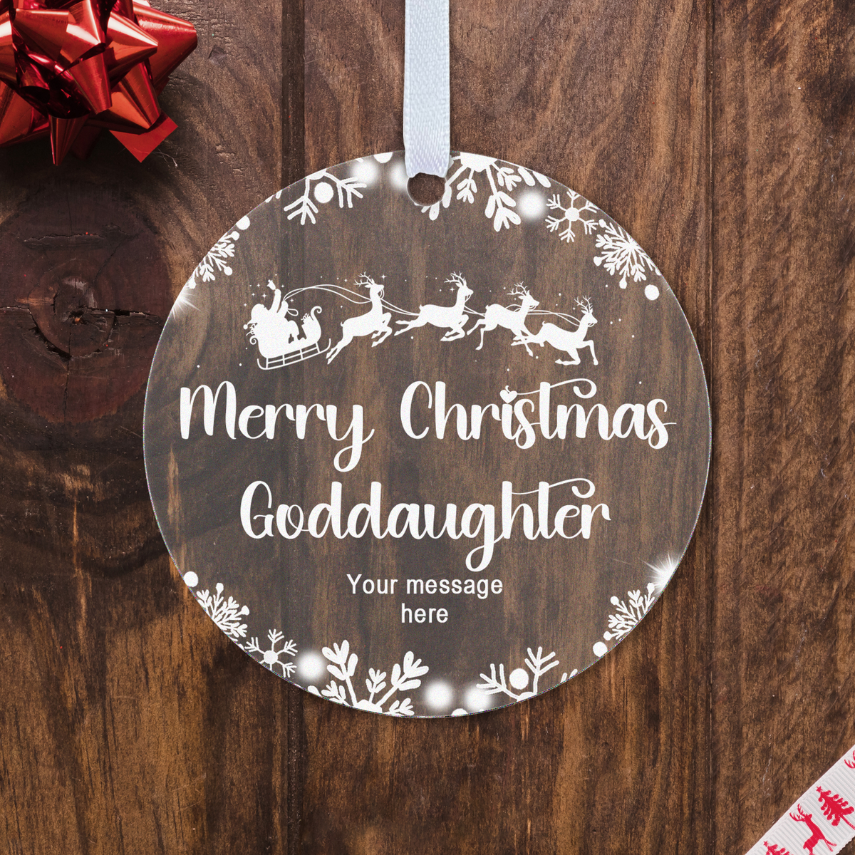 Personalised Godson or Goddaughter Christmas Bauble – Santa Sleigh Design