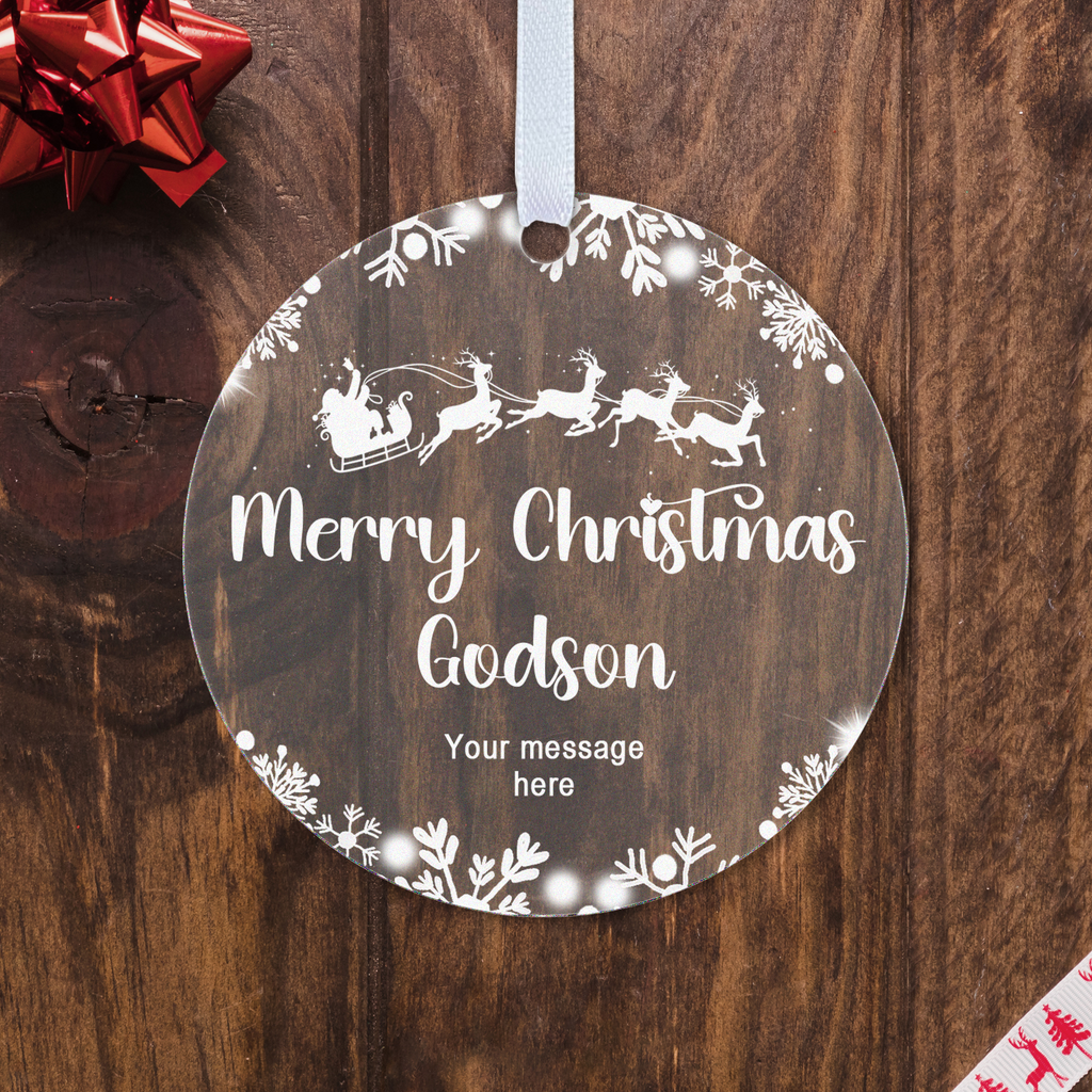 Personalised Godson or Goddaughter Christmas Bauble – Santa Sleigh Design