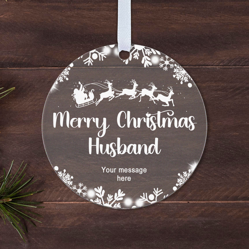 Personalised Husband or Wife Christmas Bauble – Santa Sleigh Design