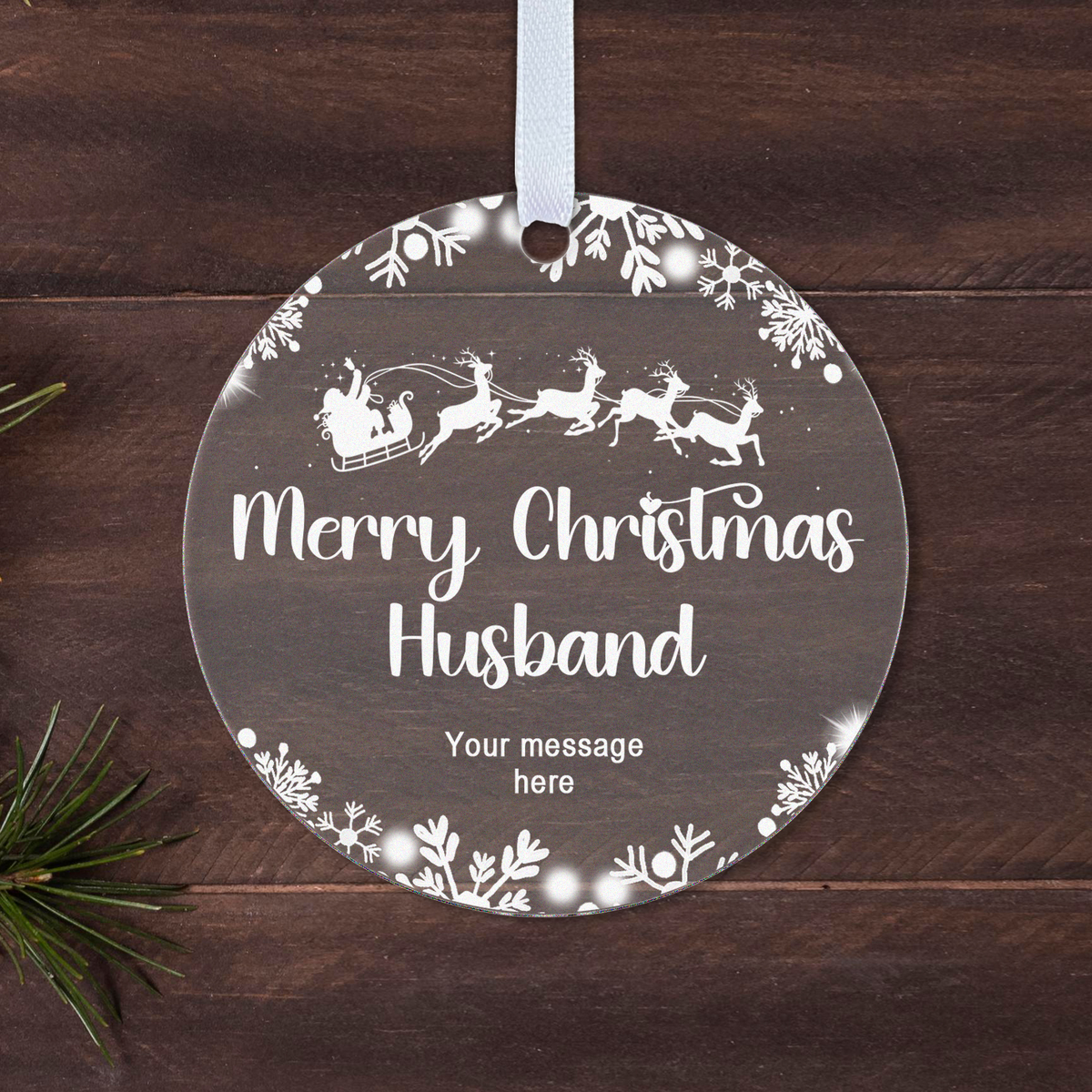 Personalised Husband or Wife Christmas Bauble – Santa Sleigh Design