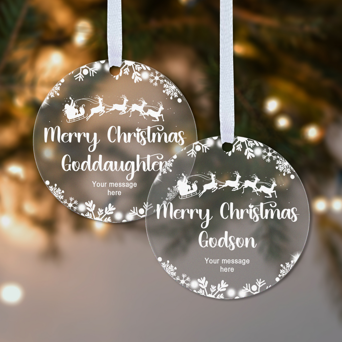 Personalised Godson or Goddaughter Christmas Bauble – Santa Sleigh Design