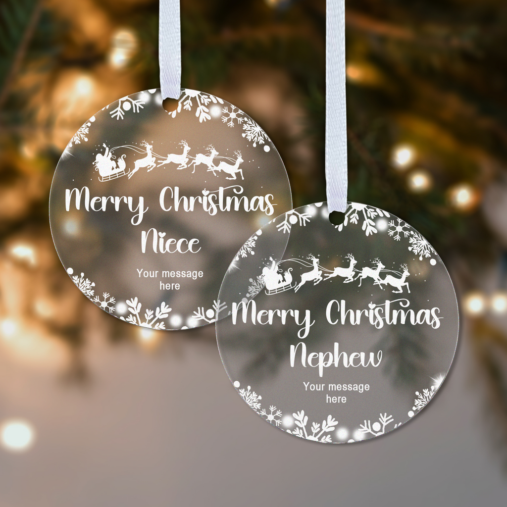 Personalised Niece or Nephew Christmas Bauble – Santa Sleigh Design