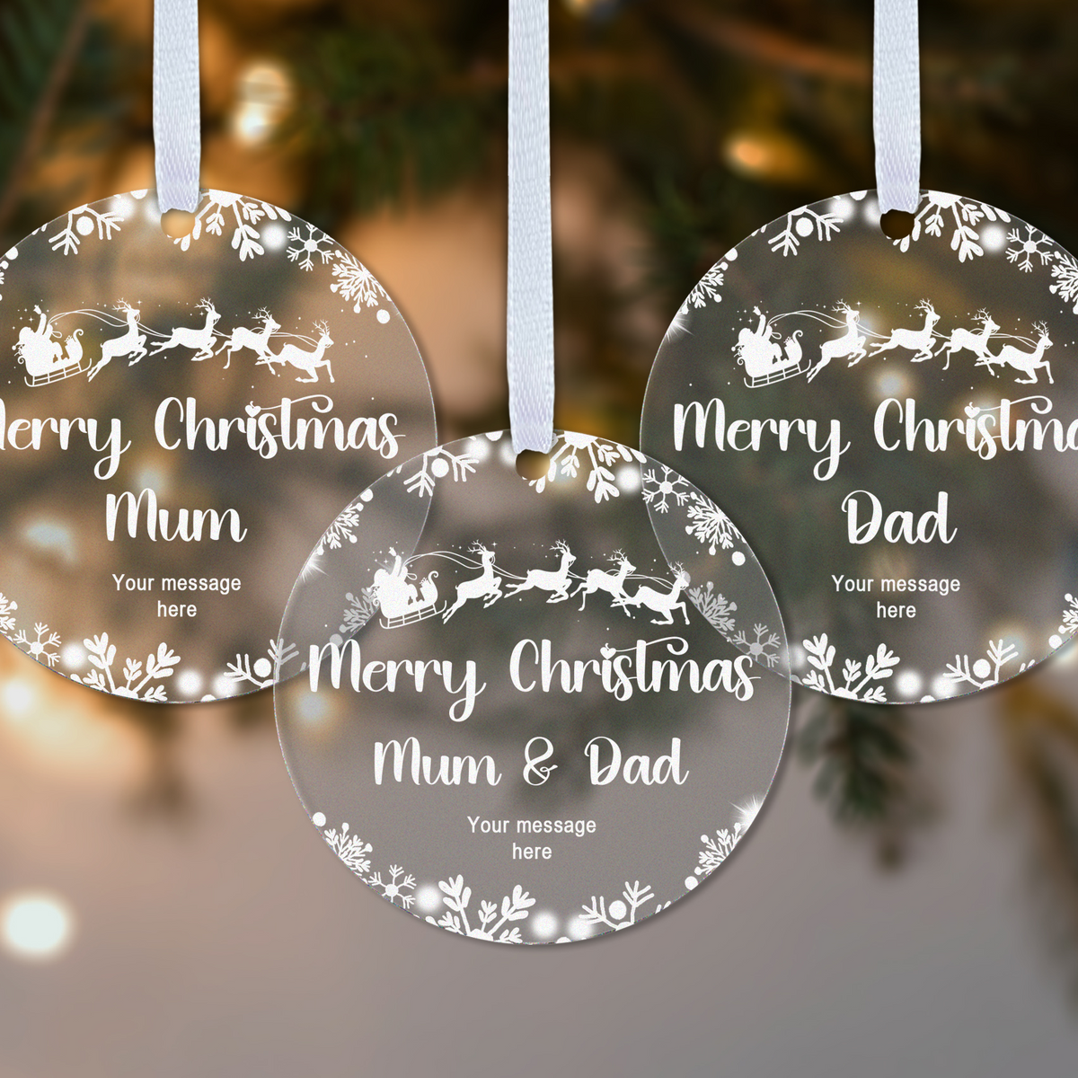 Personalised Mum & Dad Christmas Bauble – Santa Sleigh Design